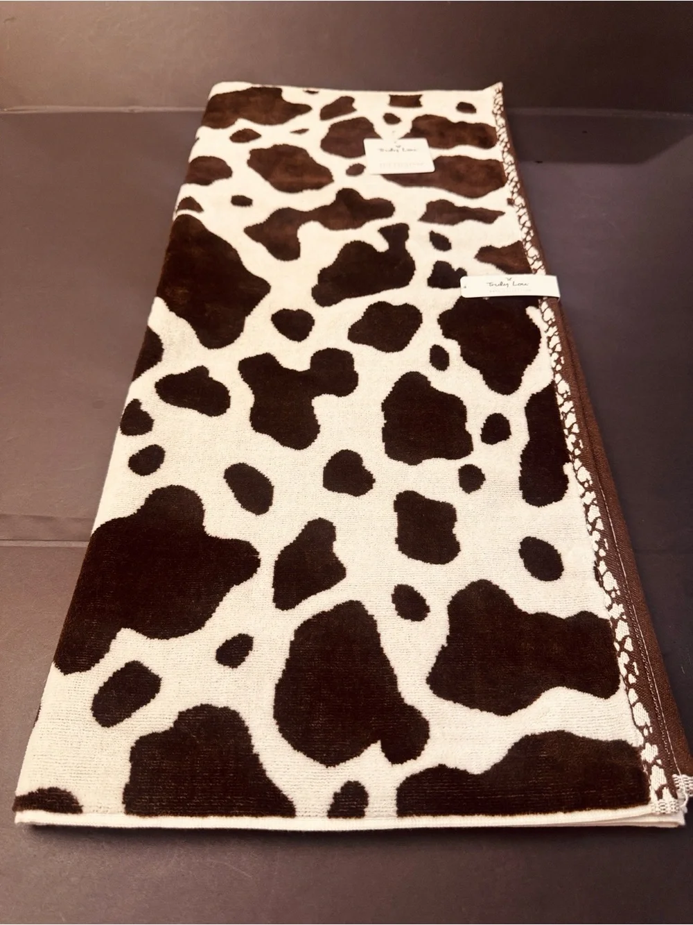 3pc TRULY LOU Bath Towel Set - Cotton Velour - Cow Print -Hot Fudge-Br/OffWhite